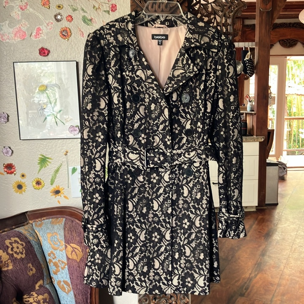 Bebe Black Lace Trench Coat NWOT